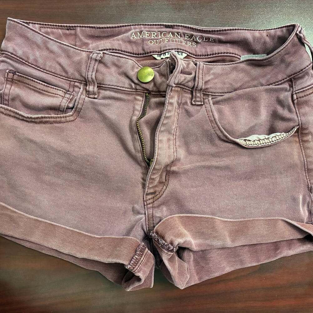 American Eagle Burgundy Hi-Rise Shortie Denim Shorts
